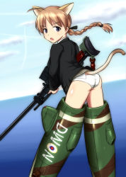Rule 34 | 1girl, animal ears, ass, blue eyes, braid, braided ponytail, brown hair, cat ears, cat tail, cloud, day, flying, from behind, gun, jacket, looking back, lynette bishop, muchabou, mutchan, ocean, open mouth, panties, single braid, sky, solo, strike witches, striker unit, tail, underwear, weapon, white panties, world witches series