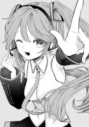 Rule 34 | 1girl, arm up, armpits, bad id, bad twitter id, foreshortening, greyscale, hatsune miku, headgear, highres, long hair, monochrome, necktie, one eye closed, open mouth, pointing, simple background, skirt, sleeveless, smile, solo, twintails, upper body, very long hair, vocaloid, zikimasaya
