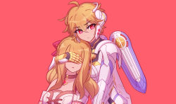 Rule 34 | 2girls, bare shoulders, blonde hair, breasts, covering another&#039;s eyes, dual persona, enni, fiora (xenoblade), hair between eyes, hair ornament, highres, long hair, mecha-fiora, medium breasts, multiple girls, red background, red eyes, short hair, simple background, upper body, xenoblade chronicles 1, xenoblade chronicles (series)