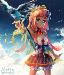 Rule 34 | 1girl, arm up, bad id, bad pixiv id, bird, blue eyes, blush, breasts, cleavage, cloud, dark-skinned female, dark skin, flower, flute, hair flower, hair ornament, hair tubes, instrument, long hair, looking at viewer, namie-kun, open mouth, pixiv fantasia, pixiv fantasia new world, recorder, red hair, sky, small breasts, solo
