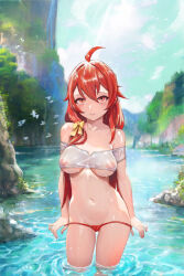 Rule 34 | 1girl, breasts, collarbone, cowboy shot, creatures (company), game freak, groin, hair between eyes, large breasts, looking at viewer, lorelei (pokemon), navel, nintendo, outdoors, pokemon, pokemon lgpe, red hair, see-through, sky, solo, standing, stomach, swimsuit, wading, water, wet, yugen99