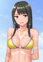 Rule 34 | 1girl, arm behind back, bare arms, bare shoulders, bikini, black hair, blue sky, breasts, cleavage, collarbone, commentary request, day, hand on own arm, hashi, long hair, looking at viewer, medium breasts, original, outdoors, parted lips, purple eyes, sidelocks, sky, smile, solo, swimsuit, tan, tanline, veins, veiny breasts, yellow bikini