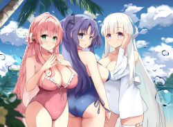 Rule 34 | 3girls, alternate costume, blue archive, blue sky, breasts, commission, hanako (blue archive), headphones, highres, large breasts, looking at viewer, multiple girls, noa (blue archive), ocean, one-piece swimsuit, pink hair, purple hair, shirt, sky, sweetalpha, swimsuit, white hair, white shirt, yuuka (blue archive)