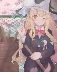 Rule 34 | 1girl, ;), absurdres, barrel, black hat, black jacket, blonde hair, bow, bowtie, braid, closed mouth, commentary, hair bow, hat, hat bow, highres, jacket, jewelry, kirisame marisa, long hair, long sleeves, looking at viewer, matcha yado, mini-hakkero, one eye closed, outdoors, pendant, pentagram, red bow, red bowtie, side braid, single braid, smile, solo, touhou, v, white bow, witch hat, yellow eyes