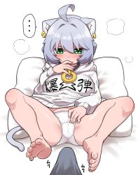 Rule 34 | ..., 1boy, 1girl, absurdres, ahoge, animal ear fluff, animal ears, bad id, bad pixiv id, bare legs, barefoot, breasts, bulge, cameltoe, cat ears, cat girl, cat tail, clothes writing, collar, commentary request, erection, erection under clothes, feet, foot focus, foreshortening, green eyes, grey hair, hair between eyes, hand to own mouth, hetero, highres, hood, hood down, hoodie, large breasts, long sleeves, lying, ngetyan, no pants, on back, original, panties, pillow, pov, simple background, solo focus, spoken ellipsis, spread legs, star (symbol), tail, toes, underwear, white background, white hoodie, white panties
