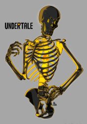 Rule 34 | 1boy, alternate color, bone, cel shading, commentary request, copyright name, cropped torso, glowing, grey background, grin, hand on own hip, hand up, heart, highres, hip bones, kamezaemon, limited palette, male focus, papyrus (undertale), ribs, simple background, skeleton, smile, solo, spine, teeth, undertale, upper body
