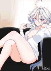 Rule 34 | 1girl, absurdres, blue eyes, blue hair, breasts, cleavage, closed mouth, coffee, collarbone, crossed legs, cup, furina (genshin impact), genshin impact, hair between eyes, highres, holding, holding cup, indoors, ken-pai (kenpai arts), knee up, legs, light blue hair, long hair, long sleeves, looking at viewer, medium breasts, multicolored hair, naked shirt, partially unbuttoned, shirt, sidelocks, sitting, solo, solo focus, streaked hair, sweatdrop, thighs, two-tone hair, unbuttoned, white hair, white shirt