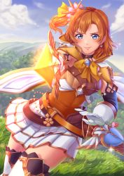Rule 34 | 1girl, absurdres, armor, belt, blue eyes, breastplate, breasts, cape, cloud, cloudy sky, commentary, earrings, forest, gloves, granblue fantasy, grasslands, hair ornament, highres, huge filesize, jewelry, kosaka honoka, love live!, love live! school idol festival, love live! school idol project, medium breasts, nature, one side up, orange hair, pointing, pointing at viewer, raemn (raemn2d), scabbard, sheath, short hair, skirt, sky, solo, sparkle, sword, thighhighs, weapon, white gloves, white skirt