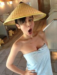 Rule 34 | 1girl, :o, breasts, brown eyes, brown hair, cleavage, female focus, hat, indoors, japanese (nationality), large breasts, looking to the side, mole, naked towel, open mouth, photo (medium), short hair, solo, standing, surprised, teeth, towel, yoshikawa aimi