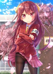 Rule 34 | 10s, 1girl, alternate costume, black pantyhose, blazer, blurry, blush, brick wall, building, cherry blossoms, clothes lift, colored eyelashes, contemporary, cowboy shot, crossover, day, depth of field, gurande (g-size), gusset, hair between eyes, hair ribbon, highres, jacket, kamikaze (kancolle), kantai collection, long hair, looking at viewer, miniskirt, necktie, outdoors, panties, panties under pantyhose, pantyhose, pink eyes, pink hair, pink skirt, pleated skirt, red jacket, red panties, ribbon, school, school uniform, skirt, skirt lift, smile, smug, solo, thighband pantyhose, underwear, very long hair, wind, wind lift, yellow necktie
