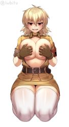 Rule 34 | 1girl, absurdres, belt, blonde hair, breast press, breasts, closed mouth, covering privates, covering breasts, female focus, female pervert, gloves, hellsing, highres, iwbitu, kneeling, large breasts, looking at viewer, medium hair, open clothes, pervert, police, police uniform, policewoman, red eyes, seras victoria, simple background, solo, tagme, topless, uniform, vampire, white background, white legwear