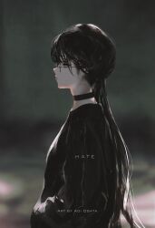 Rule 34 | 1girl, aoi ogata, artist name, black choker, black hair, black sweater, blurry, blurry background, choker, closed mouth, commentary, depth of field, english commentary, english text, glasses, hands in pockets, hate-chan, highres, long hair, original, profile, round eyewear, sweater, upper body