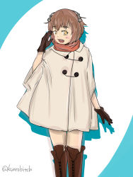 Rule 34 | 10s, 1girl, alternate costume, artist name, bob cut, boots, brown gloves, brown hair, cross-laced footwear, gloves, highres, kanrobi, kantai collection, looking at viewer, open mouth, poncho, scarf, simple background, solo, twitter username, yellow eyes, yukikaze (kancolle)