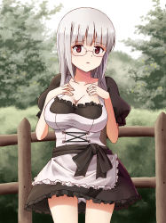 Rule 34 | 1girl, alternate costume, breasts, cleavage, dirndl, german clothes, glasses, hands on own chest, heidimarie w. schnaufer, hide 0, large breasts, long hair, looking at viewer, open mouth, panties, pantyshot, red eyes, silver hair, solo, strike witches, underwear, white panties, world witches series