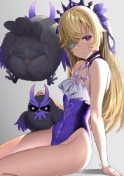 Rule 34 | 1girl, alcoholrang, bare shoulders, black feathers, blonde hair, blush, brown eyes, covered navel, crown, detached collar, eyepatch, familiar, feathers, fischl (ein immernachtstraum) (genshin impact), fischl (genshin impact), genshin impact, gradient eyes, highres, leotard, long hair, looking at viewer, multicolored eyes, oz (genshin impact), purple feathers, purple ribbon, ribbon, sitting, thighs, tiara, very long hair