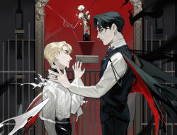 Rule 34 | 2boys, absurdres, alcohol, bat wings, black hair, black nails, black necktie, black pants, black vest, black wings, blood, bottle, broken bottle, character name, collared shirt, draco malfoy, eye contact, fence, flower, from side, hand up, harry potter (series), head tilt, height difference, highres, jewelry, long sleeves, looking at another, looking away, looking down, looking up, male focus, meerajebt, mirror, multiple boys, nail polish, necktie, outstretched arm, pants, profile, puffy long sleeves, puffy sleeves, red eyes, ring, rose, shirt, tom marvolo riddle, torn wings, two-tone wings, upper body, vampire, vest, white flower, white rose, white shirt, white wings, wine, wings, wizarding world