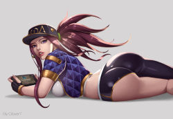Rule 34 | 1girl, akali, ass, asymmetrical clothes, back, bad id, bad pixiv id, baseball cap, black gloves, black pants, blue jacket, breasts, clover7, down jacket, fingerless gloves, gloves, handheld game console, hat, headset, highres, jacket, k/da (league of legends), k/da akali, large breasts, league of legends, lips, long hair, looking back, midriff, nose, official alternate costume, pants, purple eyes, purple hair, short sleeves, single pantsleg, skin tight, solo, tablet pc, tight clothes, tight pants