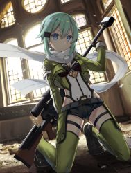 Rule 34 | 10s, 1girl, anti-materiel rifle, aqua hair, bad id, bad pixiv id, belt, black gloves, blue eyes, bolt action, breasts, cleavage, fingerless gloves, gloves, green thighhighs, gun, hair ornament, hairclip, highres, kneeling, looking at viewer, pgm hecate ii, revision, rifle, scarf, short shorts, shorts, sinon, small breasts, sniper rifle, solo, sword art online, tadaomi (amomom), thighhighs, weapon, white scarf