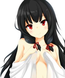 Rule 34 | 10s, 1girl, bare shoulders, bed sheet, black eyes, blunt bangs, blush, breasts, collarbone, covering privates, covering breasts, hair ribbon, head tilt, highres, isokaze (kancolle), kantai collection, kuro-ra, long hair, looking at viewer, naked sheet, red eyes, ribbon, sidelocks, smile, solo, transparent background, upper body