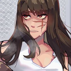Rule 34 | 1girl, breasts, breath, brown hair, chain-link fence, chainsaw man, cleavage, close-up, commentary, crop top, english commentary, eyelashes, fence, looking to the side, medium breasts, messy hair, outdoors, parted lips, red eyes, scar, scar on face, solo, steam, sweat, tank top, white tank top, yoru (chainsaw man), yuqi non