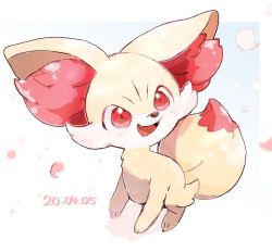 Rule 34 | animal ear fluff, bad id, bad pixiv id, blush, commentary request, creatures (company), dated, fangs, fennekin, full body, game freak, gen 6 pokemon, nao (naaa 195), nintendo, no humans, open mouth, pokemon, pokemon (creature), red eyes, solo, tongue, white background