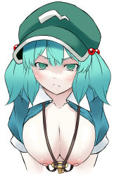 Rule 34 | 1girl, absurdres, blue eyes, blue hair, blush, breasts, cleavage, closed mouth, collarbone, green hat, hair bobbles, hair ornament, hat, highres, kagiyama shachou, kawashiro nitori, large breasts, looking at viewer, nipples, short hair, short sleeves, short twintails, sketch, solo, touhou, twintails, upper body