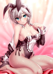 Rule 34 | 1girl, anastasia (idolmaster), animal ears, bare shoulders, black footwear, black jacket, black leotard, blue eyes, blush, breasts, cleavage, closed mouth, collarbone, commentary request, cropped jacket, eyelashes, fake animal ears, fishnet pantyhose, fishnets, hair between eyes, high heels, highleg, highleg leotard, highres, idolmaster, idolmaster cinderella girls, jacket, leotard, lips, long hair, looking at viewer, medium breasts, off shoulder, open clothes, open jacket, pantyhose, playboy bunny, rabbit ears, short hair, silver hair, smile, solo, strapless, strapless leotard, thighs, zen
