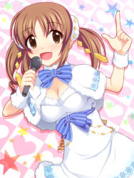 Rule 34 | 10s, 1girl, :d, bad id, bad pixiv id, blush, bow, breasts, brown eyes, brown hair, cleavage, dress, hair ornament, idolmaster, idolmaster cinderella girls, large breasts, long hair, looking at viewer, microphone, open mouth, smile, solo, star (symbol), totoki airi, totokichi, twintails