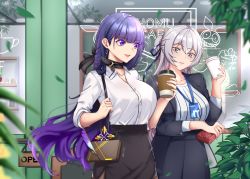 Rule 34 | 2girls, :d, bag, black choker, black jacket, black skirt, breasts, bronya zaychik, bronya zaychik (silverwing: n-ex), cafe, choker, coffee cup, cup, disposable cup, grey eyes, grey hair, highres, holding, holding cup, homu (honkai impact), honkai (series), honkai impact 3rd, id card, jacket, lion space, long hair, long sleeves, multiple girls, office lady, open clothes, open jacket, open mouth, outdoors, polo shirt, purple eyes, purple hair, raiden mei, shirt, shoulder bag, skirt, sleeves rolled up, smile, white shirt, window