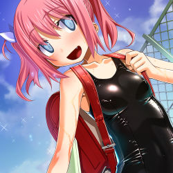 Rule 34 | 1girl, :d, backpack, bag, black one-piece swimsuit, black school swimsuit, blue eyes, blush, breasts, chain-link fence, cloud, collarbone, covered navel, day, dengeki moeou, fang, fence, one-piece swimsuit, open mouth, original, pink hair, randoseru, sakuya tsuitachi, school swimsuit, shiny clothes, short hair, short twintails, skindentation, sky, small breasts, smile, solo, sparkle, swimsuit, twintails, wet