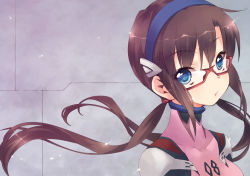 Rule 34 | 10s, 1girl, blue eyes, brown hair, ech, evangelion: 3.0 you can (not) redo, glasses, hairband, long hair, looking at viewer, makinami mari illustrious, neon genesis evangelion, plugsuit, rebuild of evangelion, solo, twintails