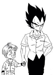 Rule 34 | 10s, 2boys, :d, age difference, black eyes, black hair, black pants, child, clenched hand, commentary request, dragon ball, dragon ball super, dragonball z, expressionless, father and son, fingernails, frown, greyscale, hand in pocket, happy, height difference, highres, holding hands, hood, hood down, jacket, lee (dragon garou), looking at another, looking away, looking up, male focus, monochrome, multiple boys, open mouth, pants, serious, shirt, short hair, simple background, smile, spiked hair, standing, trunks (dragon ball), upper body, vegeta, white background, wristband