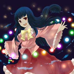 Rule 34 | 1girl, bad anatomy, black hair, branch, brown eyes, danmaku, dark, dress, female focus, glowing, houraisan kaguya, jeweled branch of hourai, kurosawa kazuto, long hair, open mouth, outstretched arms, outstretched hand, ribbon, solo, spread arms, touhou
