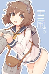 Rule 34 | 1girl, binoculars, black sailor collar, blue background, brown eyes, brown hair, buttons, character name, cowboy shot, dress, highres, holding, holding binoculars, kantai collection, long sleeves, neckerchief, no pants, open mouth, sailor collar, shone, short hair, simple background, smile, solo, white dress, yellow neckerchief, yukikaze (kancolle)