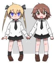 Rule 34 | 2girls, ahoge, black necktie, black ribbon, black skirt, black socks, blonde hair, blue eyes, blush, border, brown eyes, brown hair, buttergirl 02, collared shirt, commentary request, full body, grey background, hair ribbon, highres, holding hands, kill me baby, long hair, long sleeves, looking at viewer, multiple girls, necktie, open mouth, oribe yasuna, outside border, pigeon-toed, pleated skirt, ribbon, shirt, short hair, side-by-side, sidelocks, simple background, skirt, smile, socks, sonya (kill me baby), standing, sweatdrop, tsurime, twintails, v-shaped eyebrows, white border, white shirt, white socks