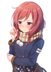 Rule 34 | 10s, 1girl, blue coat, blush, buttons, coat, double-breasted, fur-trimmed sleeves, fur trim, twirling hair, hand on own arm, light frown, long sleeves, love live!, love live! school idol festival, love live! school idol project, matokechi, nishikino maki, pom pom (clothes), purple eyes, red hair, scarf, simple background, solo, star (symbol), star print, striped clothes, striped scarf, upper body, v-shaped eyebrows, white background, winter clothes