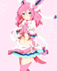 Rule 34 | 10s, 1girl, animal ears, blue eyes, blush, bow, copyright name, creatures (company), game freak, gen 6 pokemon, gloves, highres, long hair, midriff, navel, nintendo, personification, pink background, pink gloves, pink hair, pink thighhighs, pokemon, pokemon (creature), pokemon xy, ribbon, simple background, skirt, smile, solo, standing, sylveon, tail, takeshima eku, thighhighs