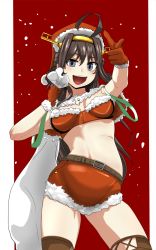 Rule 34 | 1girl, :d, belt, breasts, brown hair, brown thighhighs, capelet, cleavage, gloves, grey eyes, hat, headgear, highres, kantai collection, kongou (kancolle), long hair, looking at viewer, medium breasts, midriff, navel, open mouth, pointing, pointing at viewer, red gloves, sack, santa costume, santa hat, smile, snowing, solo, teeth, thighhighs, yaruku