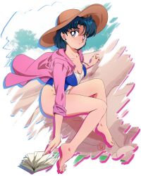 Rule 34 | 1girl, absurdres, animal ears, barefoot, bishoujo senshi sailor moon, blue hair, blue one-piece swimsuit, book, breasts, cleavage, feet, fritz willie, full body, hat, highres, legs, medium breasts, mizuno ami, official alternate costume, one-piece swimsuit, short hair, solo, swimsuit