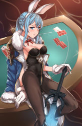 Rule 34 | 10s, 1girl, animal ears, bad id, bad pixiv id, black pantyhose, blue eyes, blue hair, breasts, card, cleavage, detached collar, fake animal ears, gloves, granblue fantasy, highres, kyuuso inukami, leotard, long hair, matching hair/eyes, on shoulder, pantyhose, playboy bunny, playing card, rabbit ears, sitting, smile, solo, sword, therese (granblue fantasy), weapon, white gloves