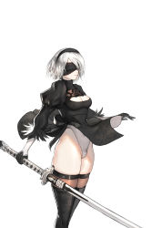 Rule 34 | 1girl, absurdres, bad id, bad pixiv id, black dress, black gloves, black thighhighs, blindfold, breasts, cleavage, covered navel, crotch, dress, feather-trimmed sleeves, gloves, hairband, highres, holding, holding sword, holding weapon, katana, legendwarrior, leotard, nier:automata, nier (series), partially visible vulva, puffy sleeves, silver hair, simple background, solo, sword, thighhighs, weapon, white background, 2b (nier:automata)