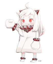Rule 34 | 10s, 1girl, abyssal ship, ahoge, anklet, barefoot, colored skin, dress, fang, full body, horns, jewelry, kantai collection, long hair, mittens, neo (neosan), neo (nyeo), northern ocean princess, red eyes, smile, solo, standing, white dress, white hair, white skin
