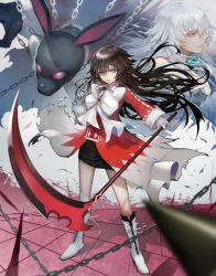 Rule 34 | 2girls, alice (pandora hearts), bow, brown hair, rabbit, chain, gloves, long hair, looking at viewer, multiple girls, pandora hearts, purple eyes, red eyes, scythe, skirt, white hair, will of the abyss