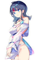 Rule 34 | 1girl, artist request, bare shoulders, black hair, blue eyes, blue ribbon, blush, breasts, collarbone, dress, fate/grand order, fate/requiem, fate (series), fundoshi, japanese clothes, jewelry, long sleeves, looking at viewer, magatama, magatama hair ornament, medium breasts, medium hair, multicolored hair, necklace, open mouth, pelvic curtain, pink hair, puffy long sleeves, puffy sleeves, ribbon, seigaiha, short dress, sideboob, sideless outfit, simple background, streaked hair, thighs, utsumi erice, white background, white dress