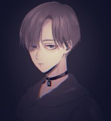 Rule 34 | 1boy, alternate hair color, black background, black choker, black hair, black shirt, choker, chromatic aberration, closed mouth, expressionless, grey eyes, jewelry, long bangs, looking at viewer, male focus, mellow rag, nier:automata, nier (series), parted bangs, pendant, portrait, shirt, simple background, solo, 9s (nier:automata)