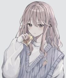 Rule 34 | 1girl, black ribbon, blue sweater vest, blush, braid, carton, commentary, drinking straw, drinking straw in mouth, grey background, grey eyes, hair between eyes, hair over eyes, hair ribbon, highres, long hair, long sleeves, looking at viewer, niaa, original, puffy sleeves, ribbon, sidelocks, simple background, sleeves past wrists, solo, sweater, sweater vest, symbol-only commentary, upper body, white sweater