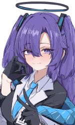 Rule 34 | 1girl, absurdres, black gloves, blue archive, blue necktie, blush, breasts, closed mouth, gloves, hair between eyes, halo, highres, jacket, large breasts, long hair, long sleeves, looking at viewer, mechanical halo, necktie, open clothes, open jacket, purple eyes, purple hair, simple background, smile, solo, tobildesu, two side up, upper body, white background, white jacket, yuuka (blue archive)