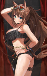 Rule 34 | 1girl, absurdres, animal ears, arm up, ass, bikini, black bikini, blue eyes, blush, breasts, brown hair, cleavage, commentary, cowboy shot, curtains, eyewear on head, feipin zhanshi, from side, hair between eyes, hand on own hip, heart, heart-shaped eyewear, highres, horse ears, horse girl, horse tail, jewelry, large breasts, long hair, looking at viewer, maruzensky (blasting off summer night) (umamusume), maruzensky (umamusume), monster girl, necklace, parted lips, plant girl, ponytail, solo, standing, sunglasses, swimsuit, tail, thigh strap, umamusume, very long hair, wet