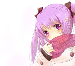Rule 34 | 1girl, akamomo, bad id, bad pixiv id, pink hair, purple eyes, scarf, simple background, solo, sophie (tales), tales of (series), tales of graces, twintails, white background