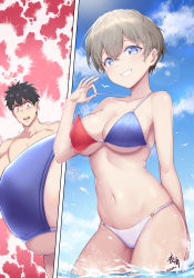Rule 34 | 1boy, 1girl, absurdres, bikini, blue eyes, blue sky, breasts, chinese commentary, cleavage, cloud, collarbone, commentary request, contrail, cowboy shot, dated, day, grey hair, grin, highres, large breasts, looking at viewer, mismatched bikini, outdoors, sakurai shin&#039;ichi, short hair, signature, sky, smile, solo focus, swimsuit, uzaki-chan wa asobitai!, uzaki hana, water, yoru sei